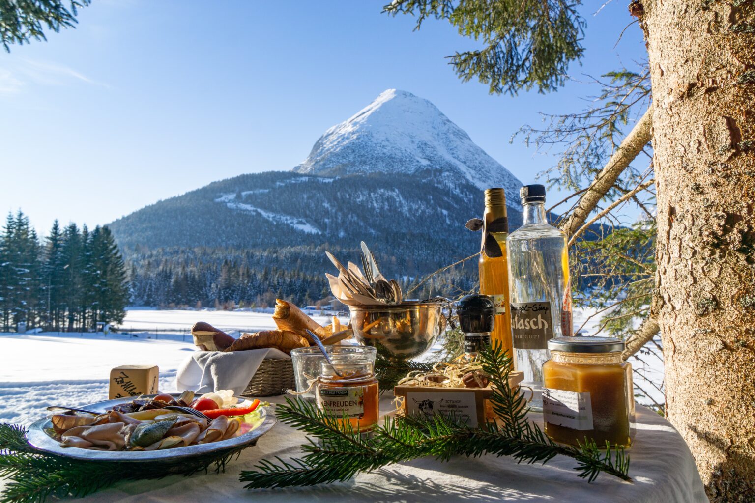 Winterpicknick im winter im Leutasch, Seefeld Tirol